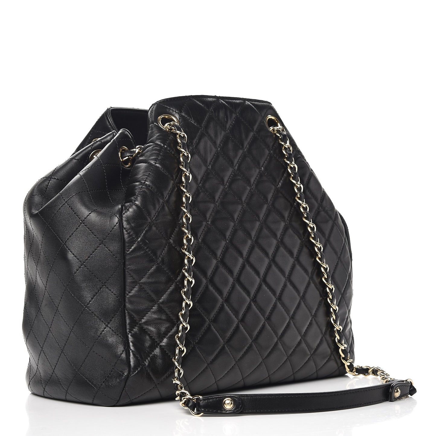 Lambskin Quilted Large Drawstring Bag Black