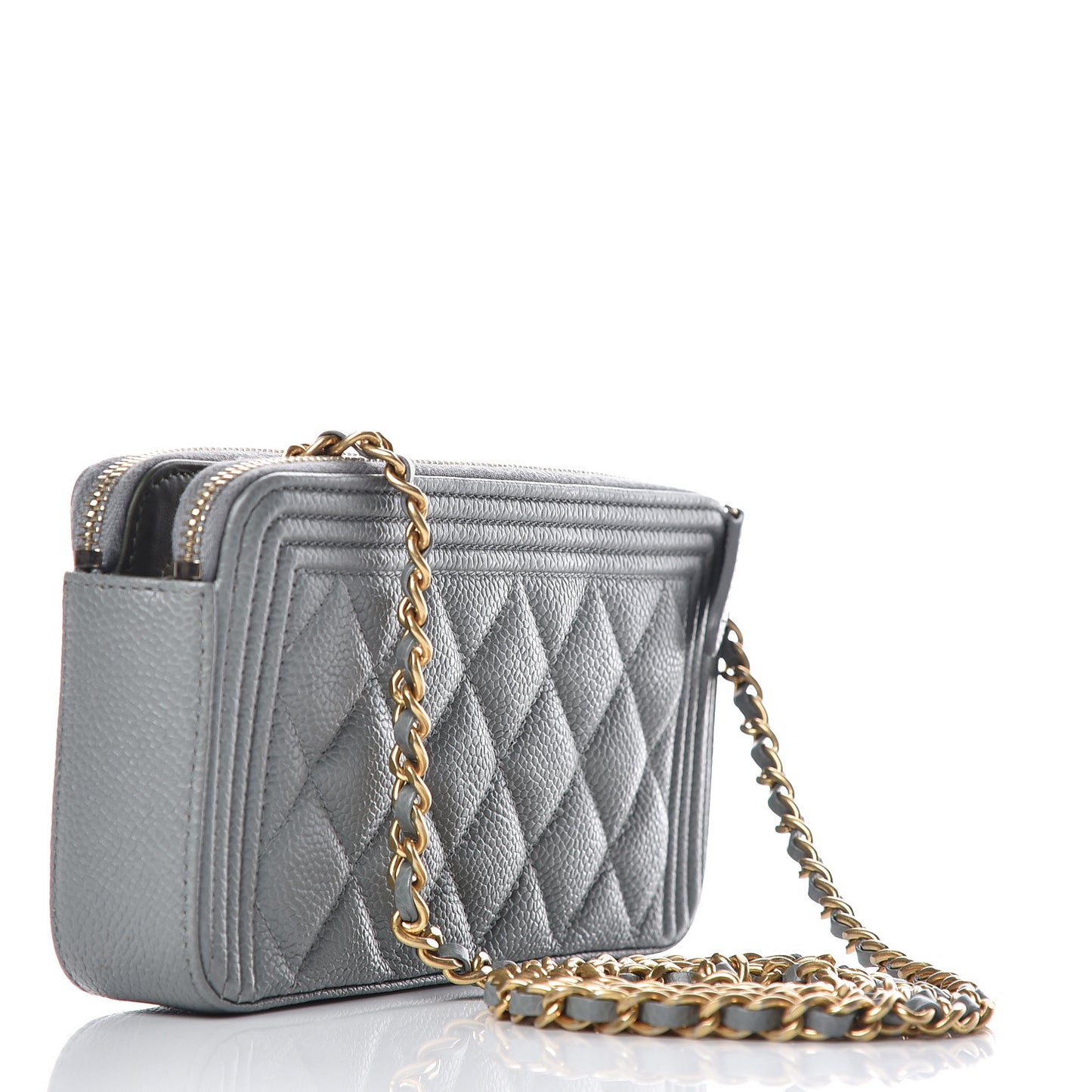 Caviar Quilted Small Boy Clutch With Chain Grey