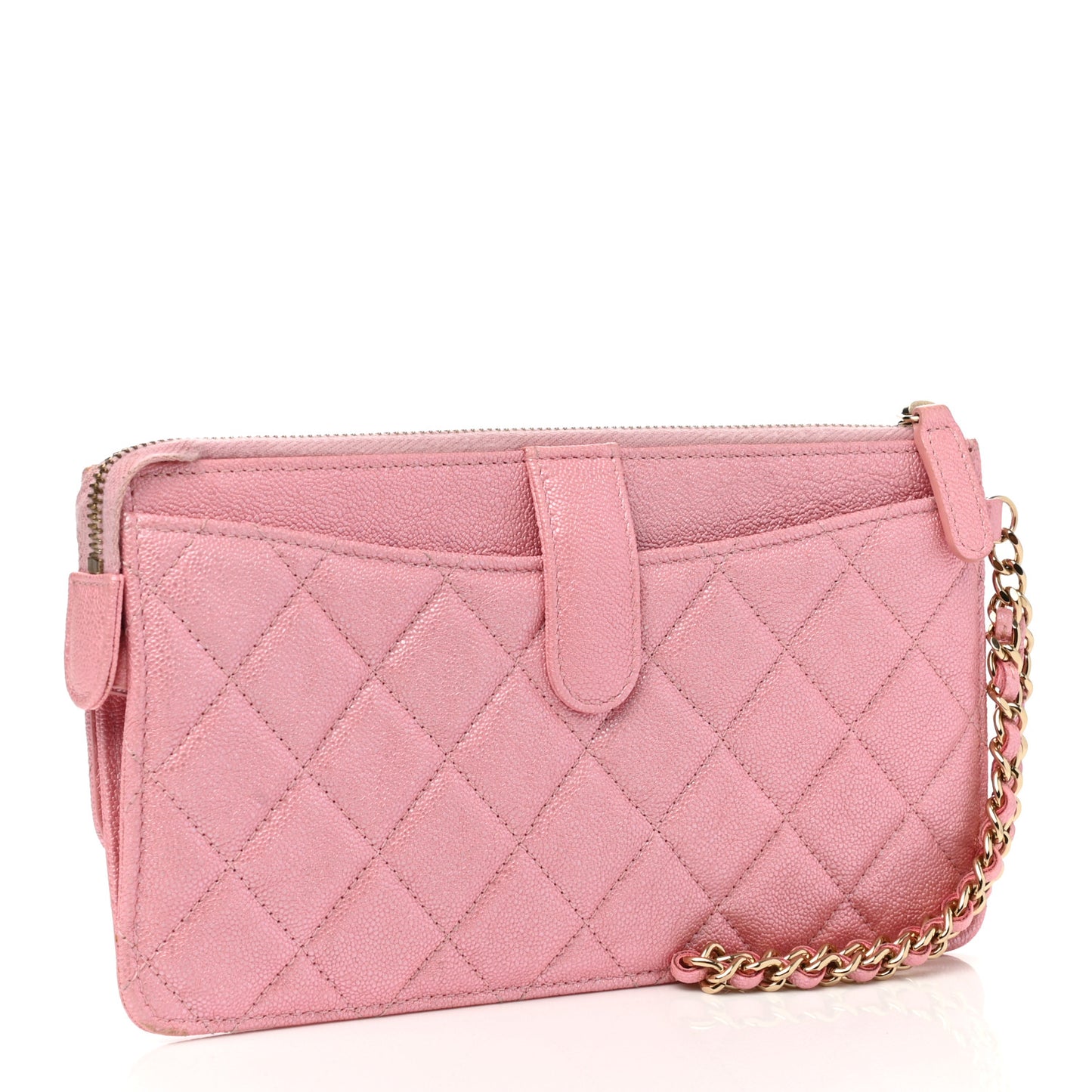 Iridescent Caviar Quilted Classic Pouch With Handle Rose Pink