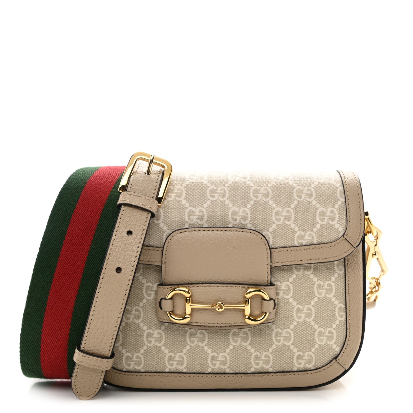 GG Supreme Monogram Textured Dollar Calfskin Web Mini Horsebit 1955 Shoulder Bag Beige Mystic White Oatmeal