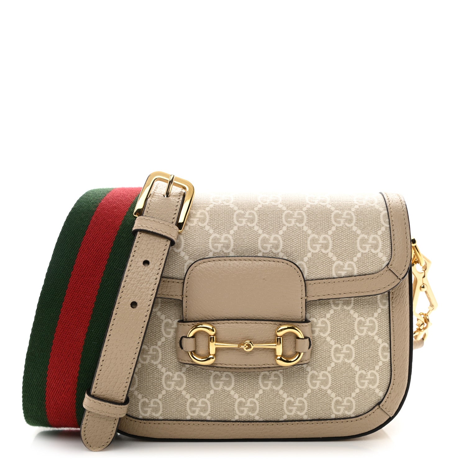 Gucci GG Supreme Monogram Textured Dollar Calfskin Web Mini Horsebit 1955 Shoulder Bag Beige Mystic White Oatmeal 1 of 9