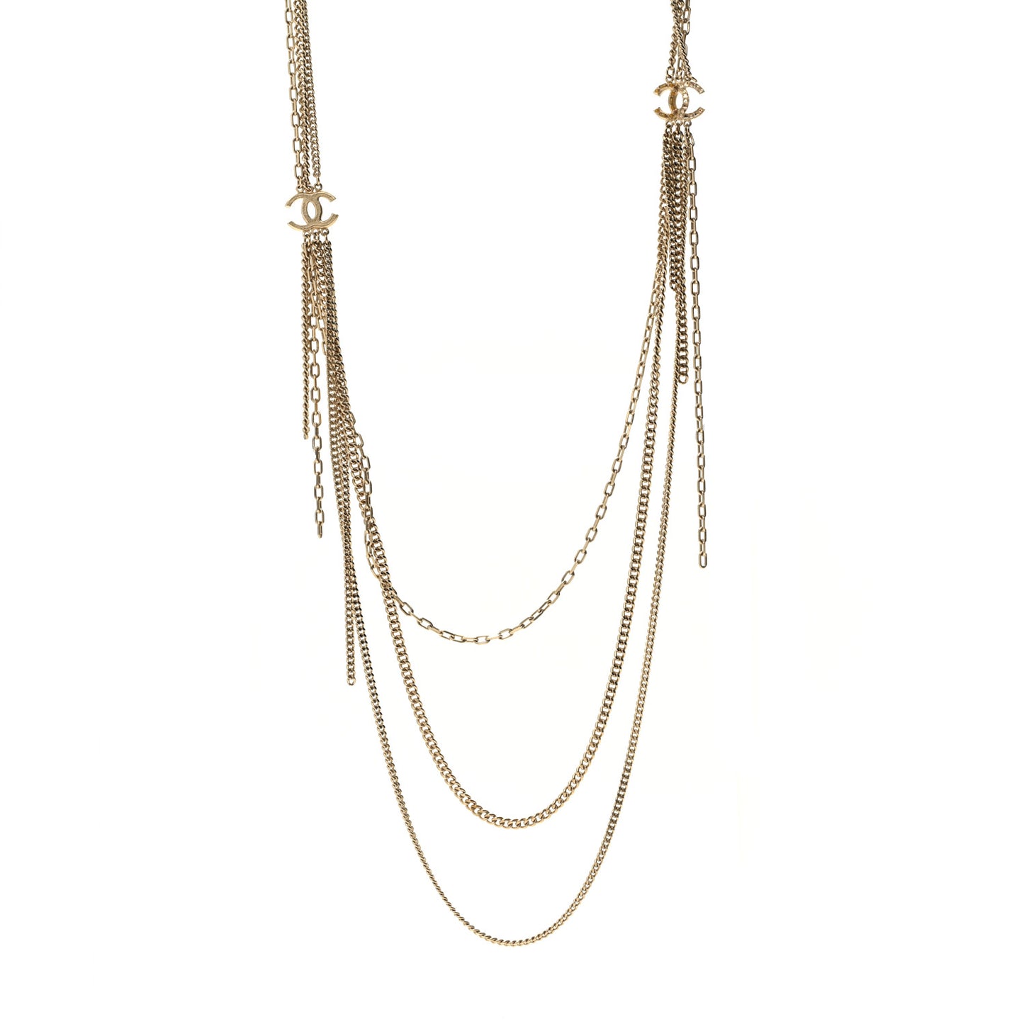 Baguette Crystal Gripoix Poured Glass CC Multi Strand Chain Necklace Light Gold