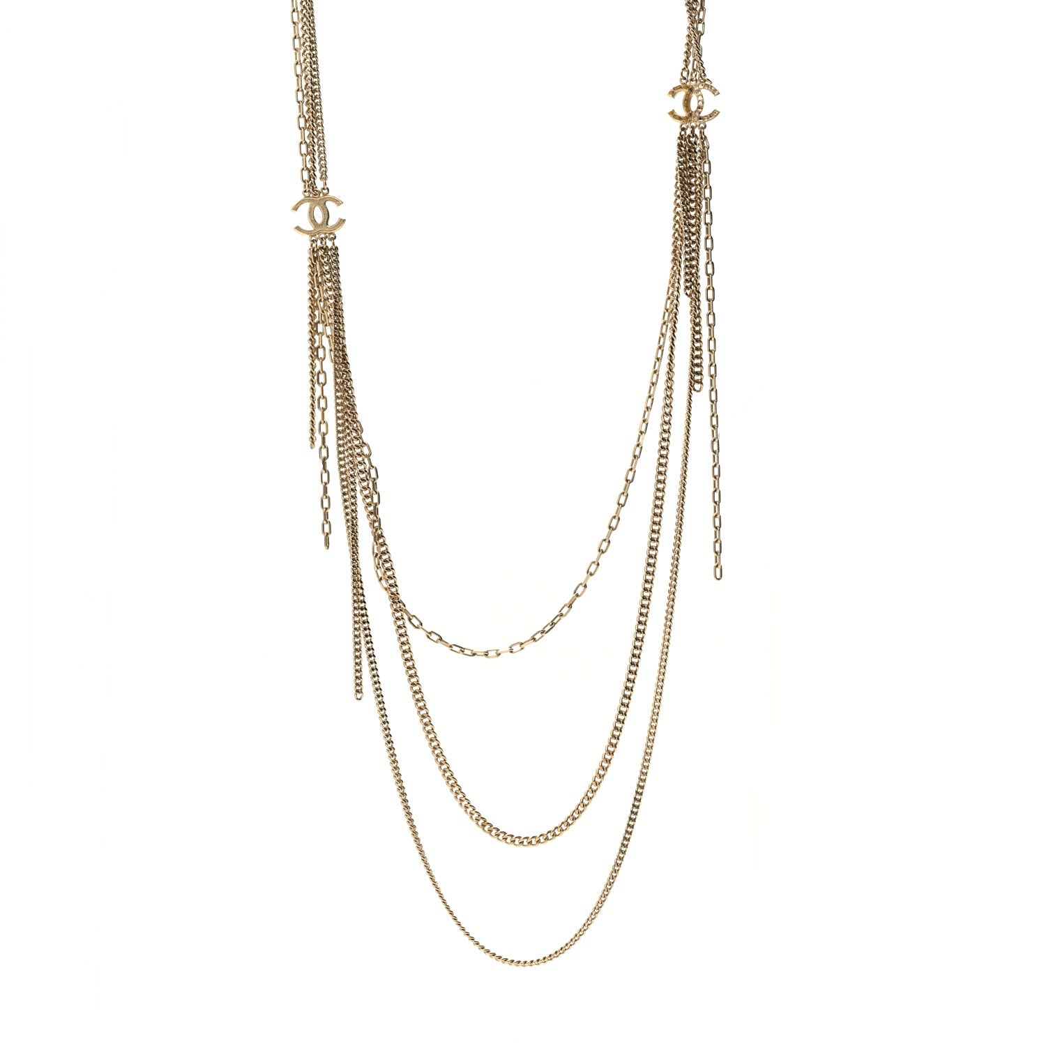 Chanel Baguette Crystal Gripoix Poured Glass CC Multi Strand Chain Necklace Light Gold 1 of 6