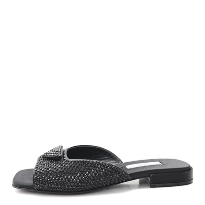 Prada Satin Crystal Logo 10mm Slide Sandals  35 Black 1 of 8