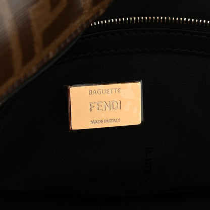 Fendi Glazed Fabric Vitello Century FF 1974 Large Baguette Cage Mogano Panna Black 6 of 10