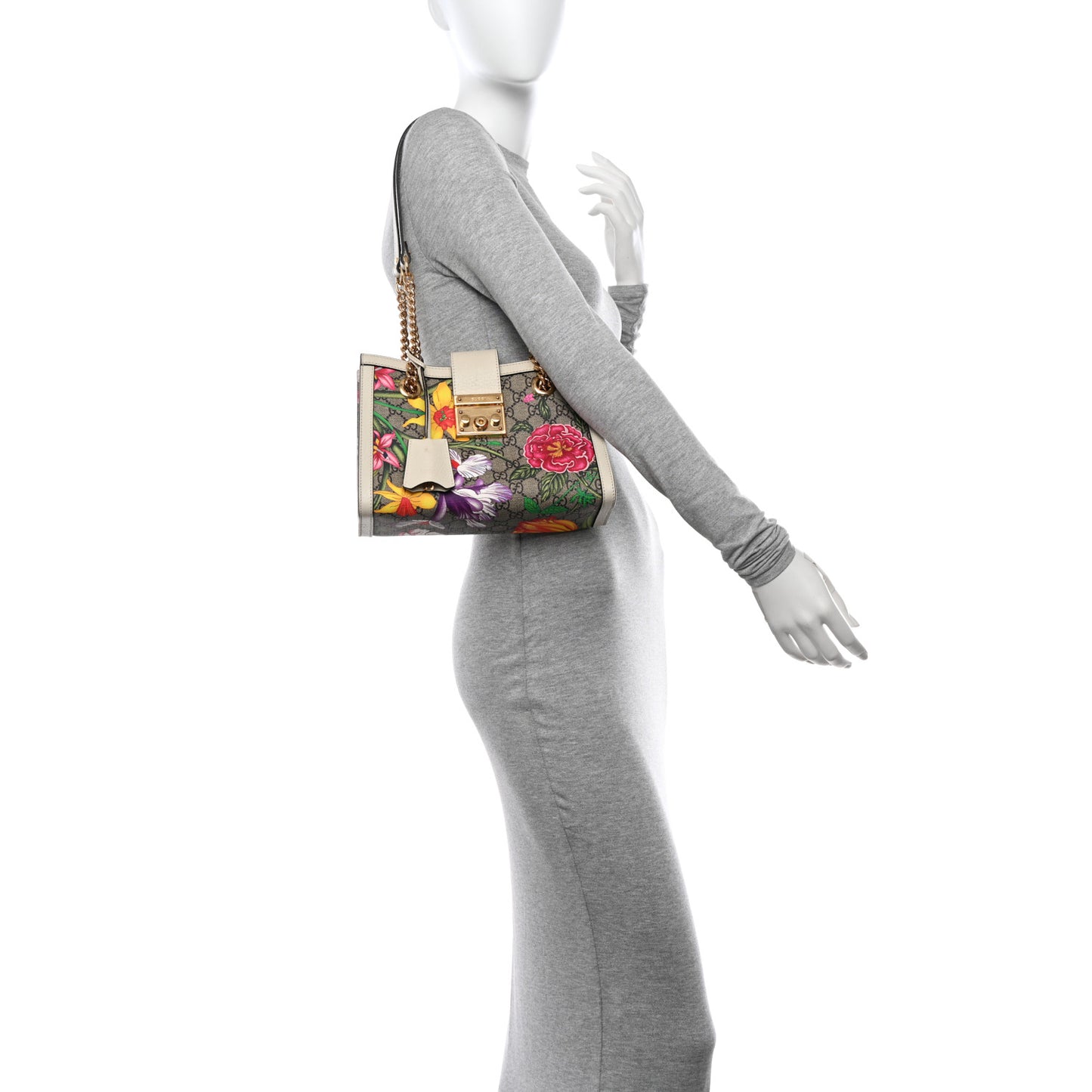 GG Supreme Monogram Flora Textured Calfskin Small Padlock Tote Beige Ebony Multicolor Mystic White