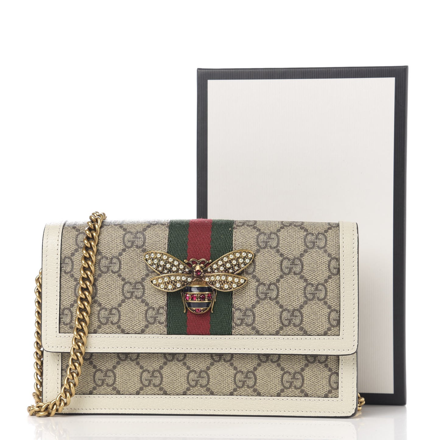 GG Supreme Monogram Web Queen Margaret Chain Wallet White