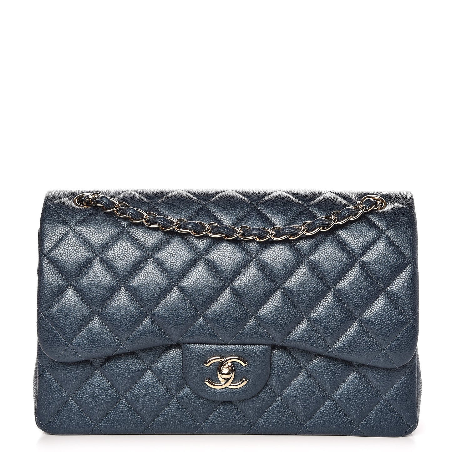 Iridescent Caviar Quilted Jumbo Double Flap Dark Blue