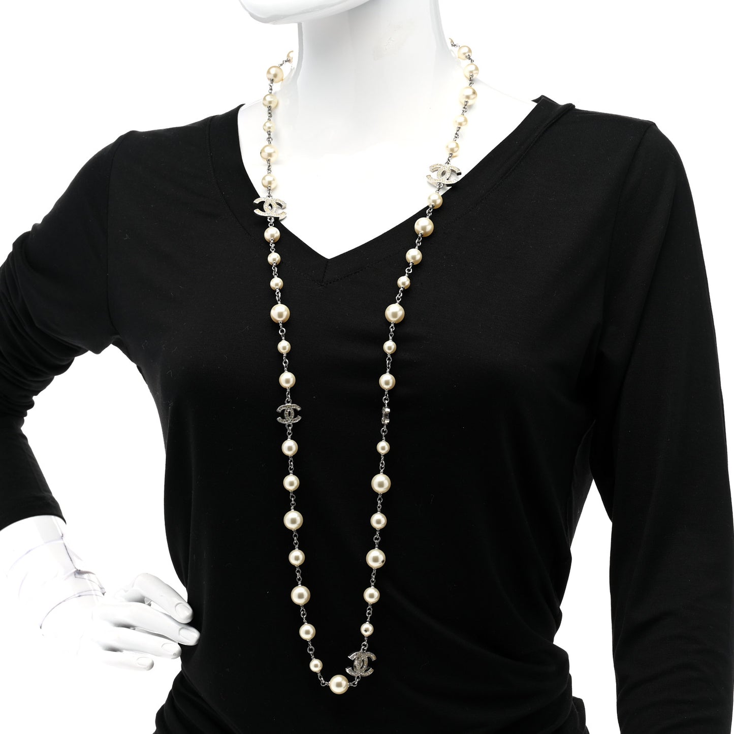 Graduated Pearl Crystal CC Long Necklace Silver