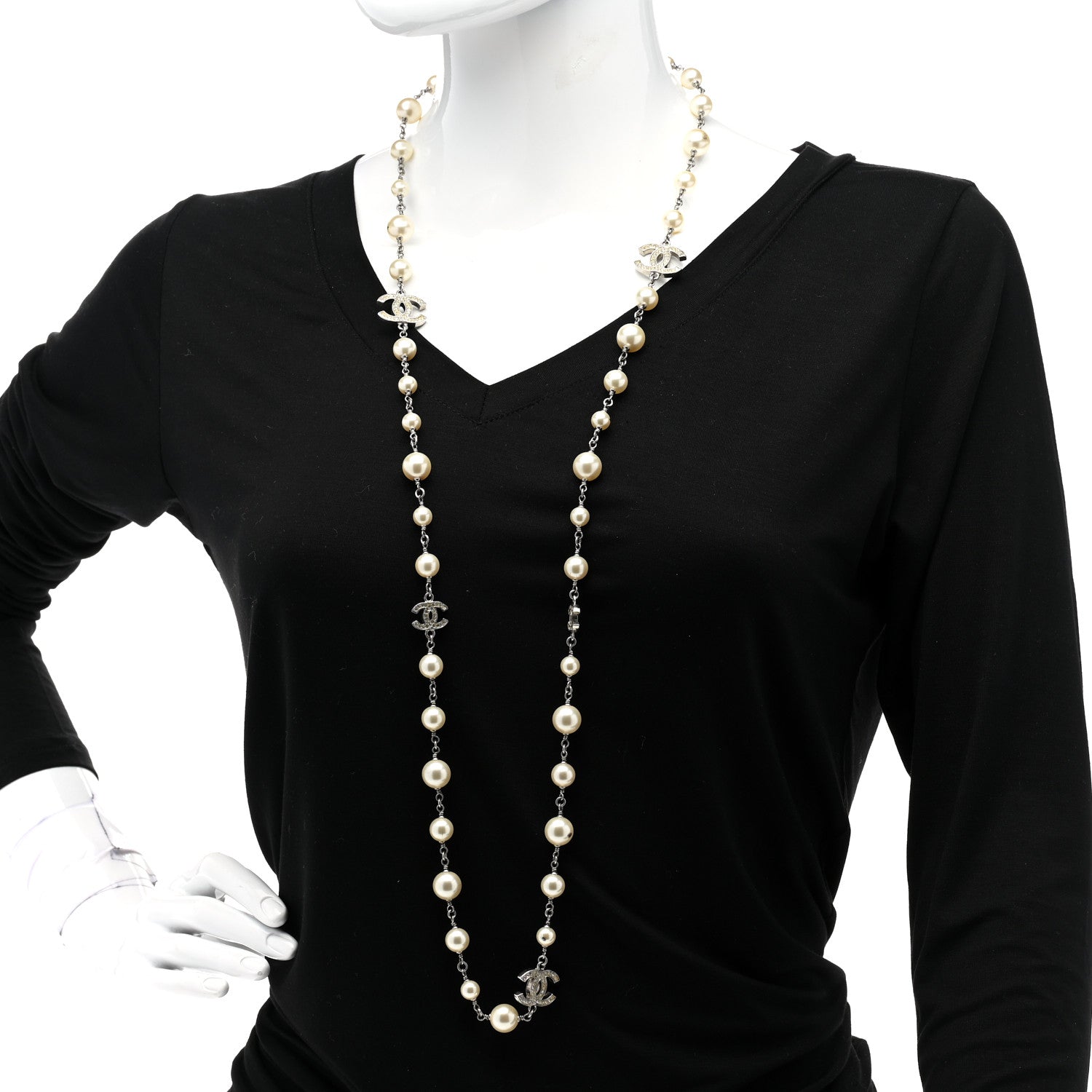 Chanel Graduated Pearl Crystal CC Long Necklace Silver 2 of 8