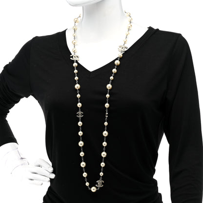 Chanel Graduated Pearl Crystal CC Long Necklace Silver 2 of 8