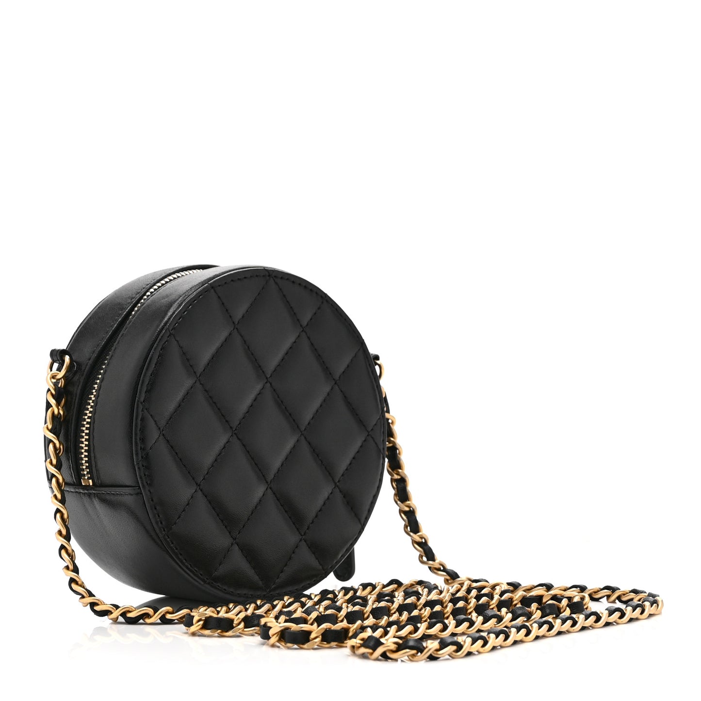 Lambskin Quilted Egyptian Amulet Round Clutch With Chain  Black