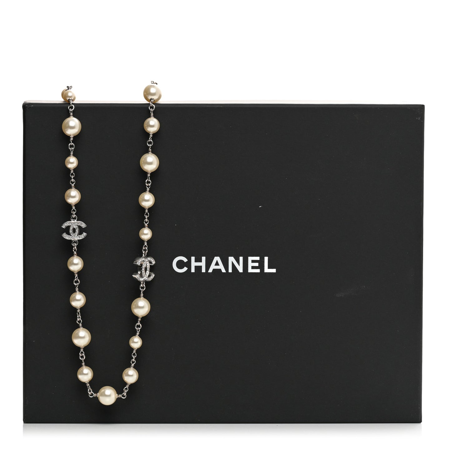 Graduated Pearl Crystal CC Long Necklace Silver