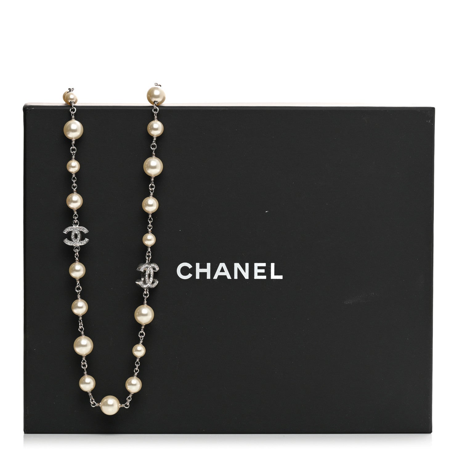 Chanel Graduated Pearl Crystal CC Long Necklace Silver 6 of 6