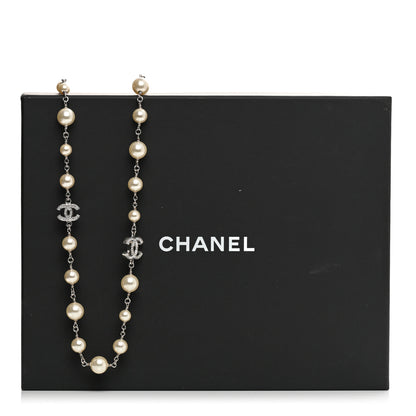 Chanel Graduated Pearl Crystal CC Long Necklace Silver 6 of 6
