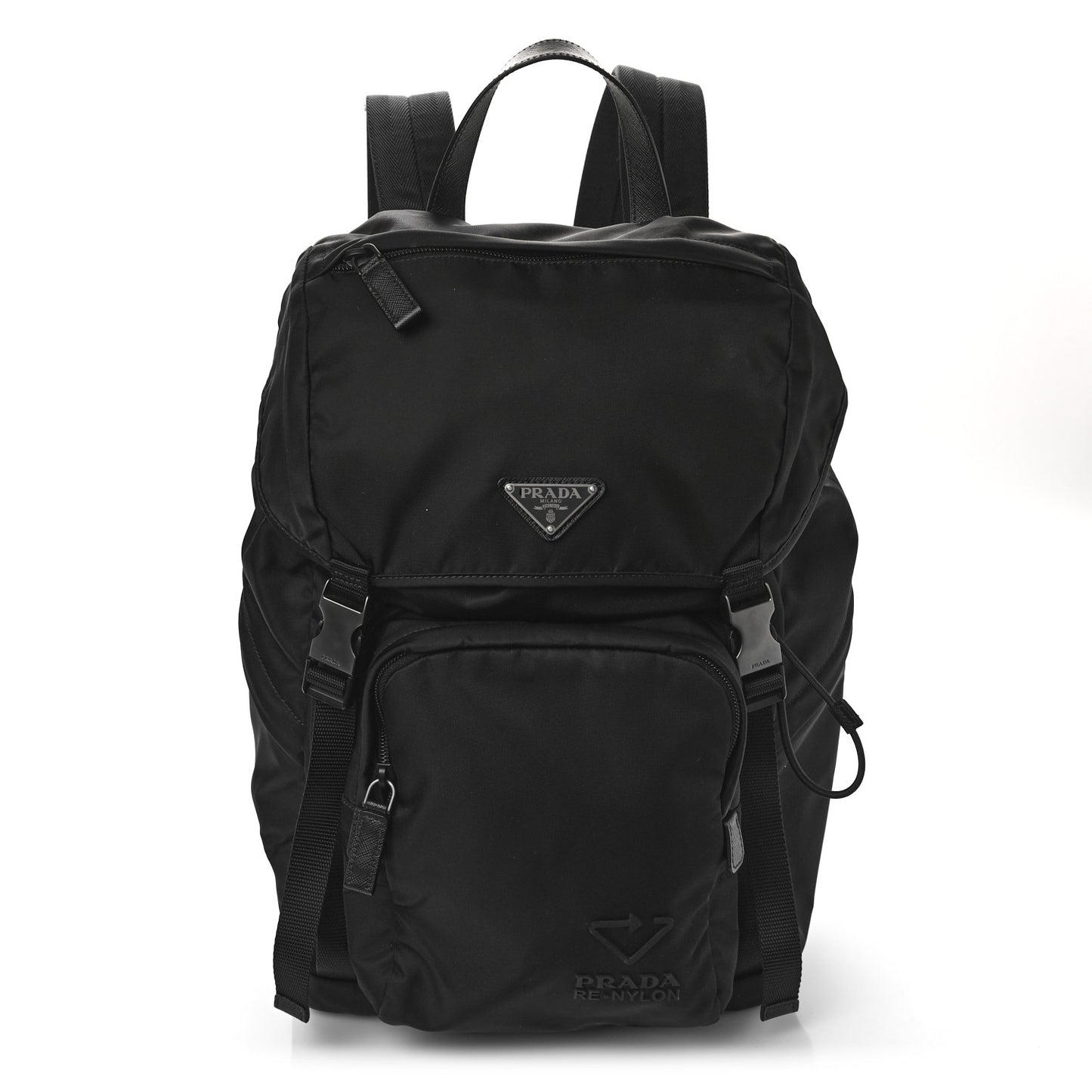 Re-Nylon Saffiano Logo Double Buckle Backpack Black