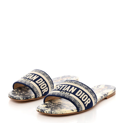 Christian Dior Canvas Toile De Jouy Embroidered Dway Flat Slide Sandals 37 Blue 3 of 8
