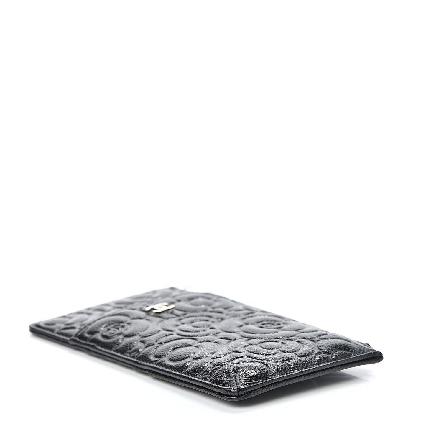 Caviar Camellia Embossed Classic Flat Wallet Pouch Black