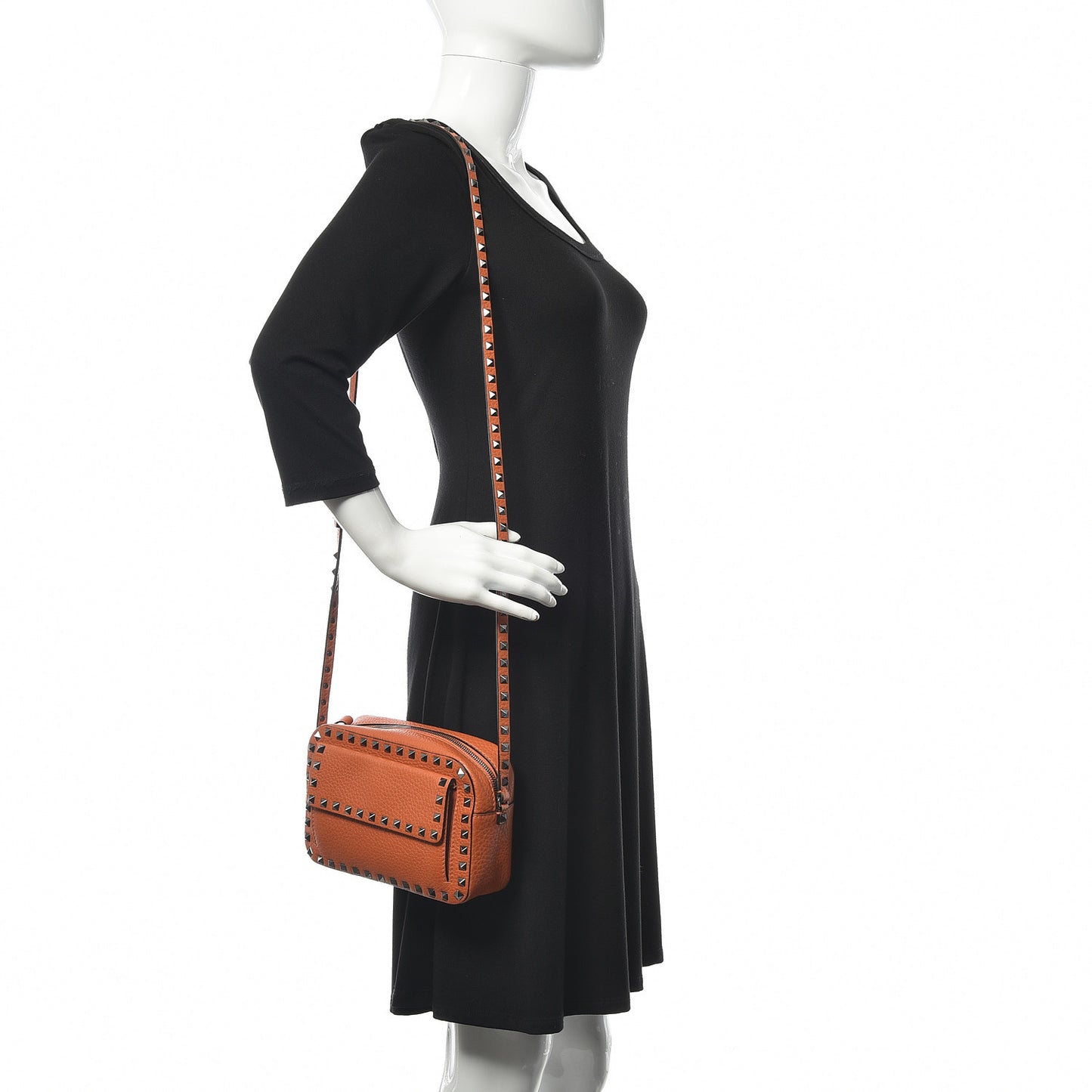 Pebbled Calfskin Rockstud Flap Pocket Camera Crossbody Bag Orange