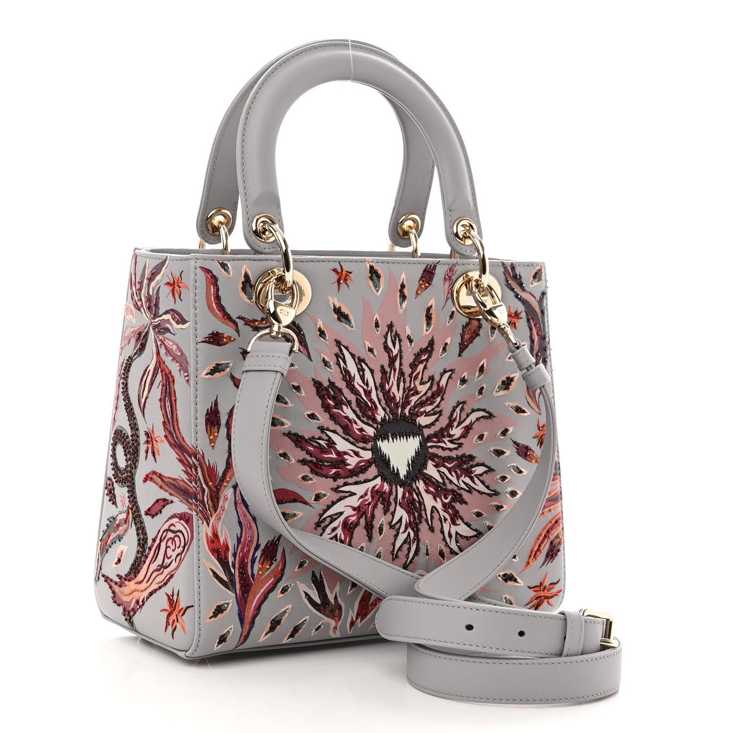 Calfskin Embroidered Beaded Medium Nature Ballet Lady Dior Grey Multicolor