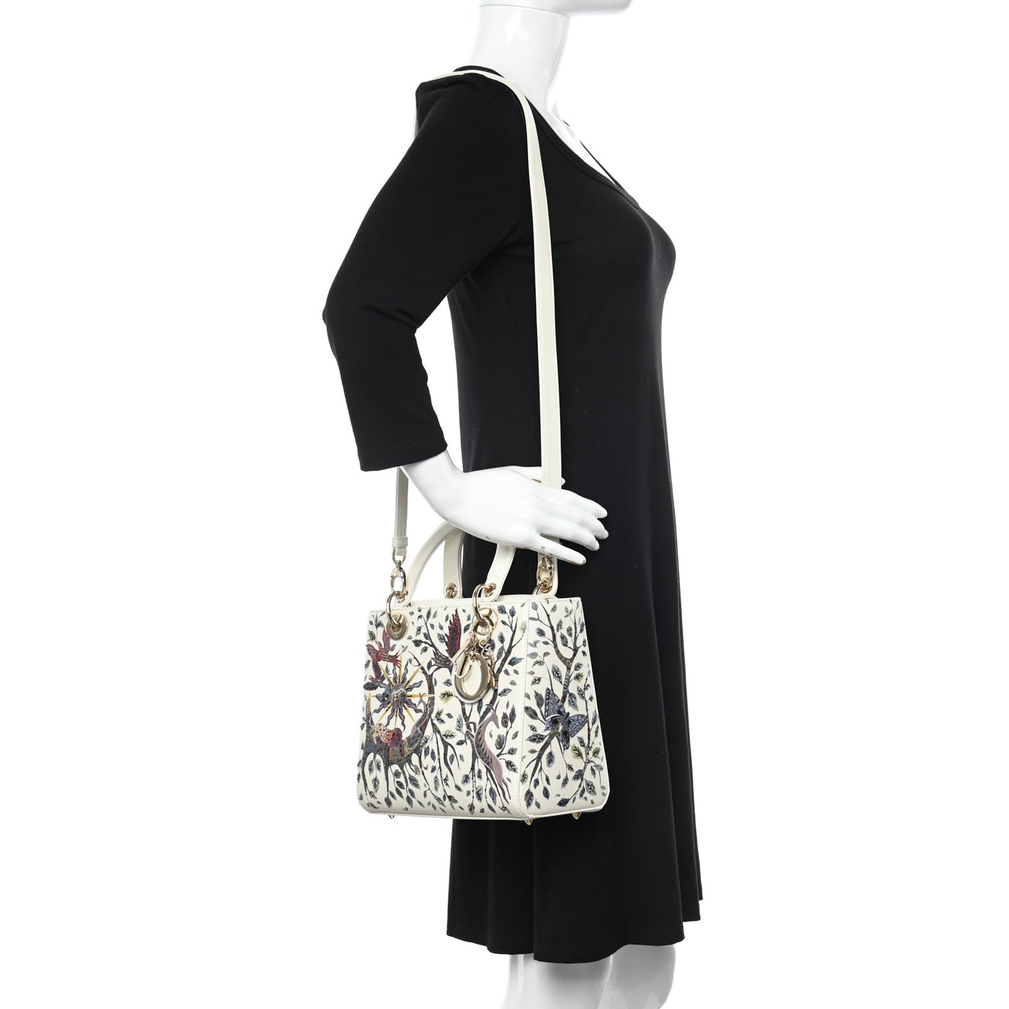 Calfskin Embroidered Medium Lady Dior White Multicolor