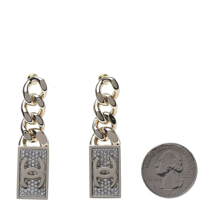 Chanel Crystal Dog Tag Charm Earrings Gold 2 of 5