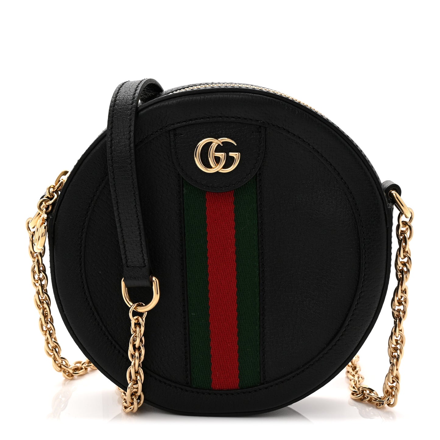 Grained Calfskin Web Mini Ophidia Round Shoulder Bag Black
