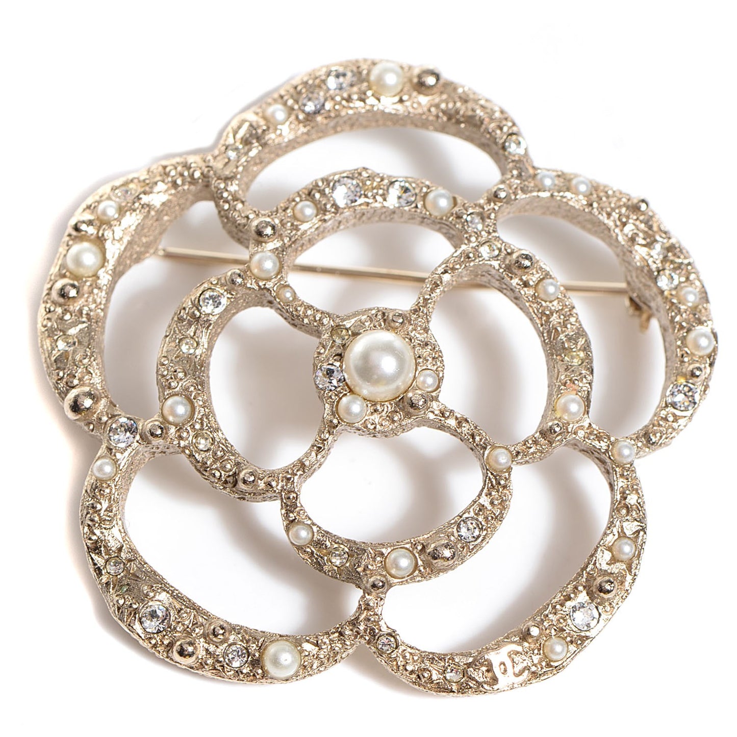 Pearl Crystal CC Camellia Brooch Light Gold