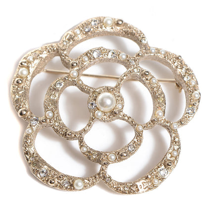 Chanel Pearl Crystal CC Camellia Brooch Light Gold 1 of 5