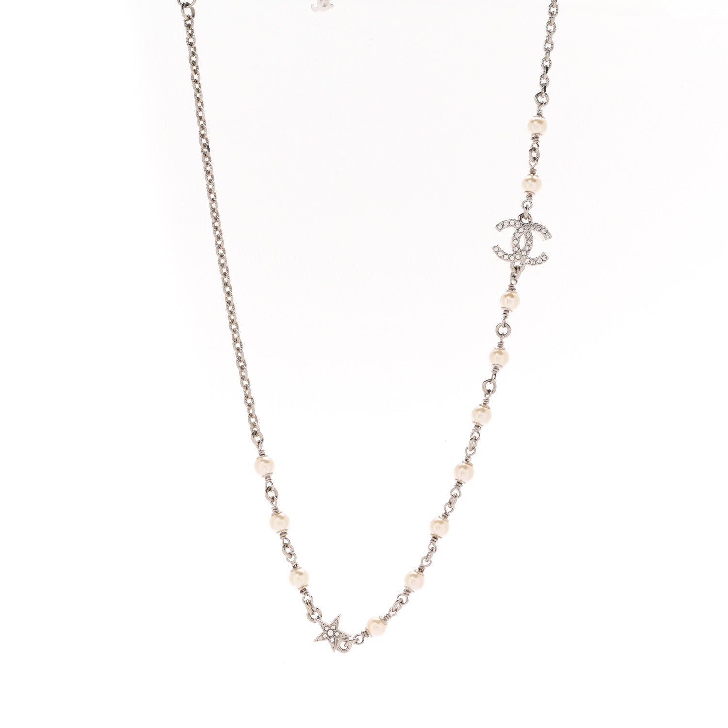 Chanel Crystal Pearl CC Star Necklace Silver 1 of 7