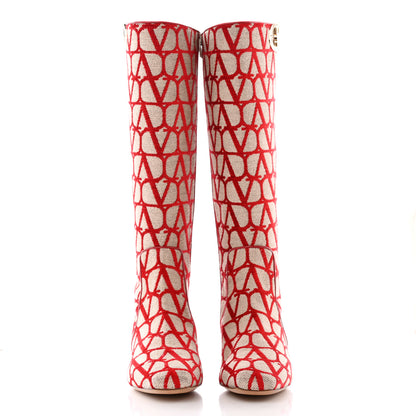 Valentino Garavani Toile Iconographe Calfskin Vlogo Knee High 30mm Boots 39 Naturale Rosso Valentino 2 of 17
