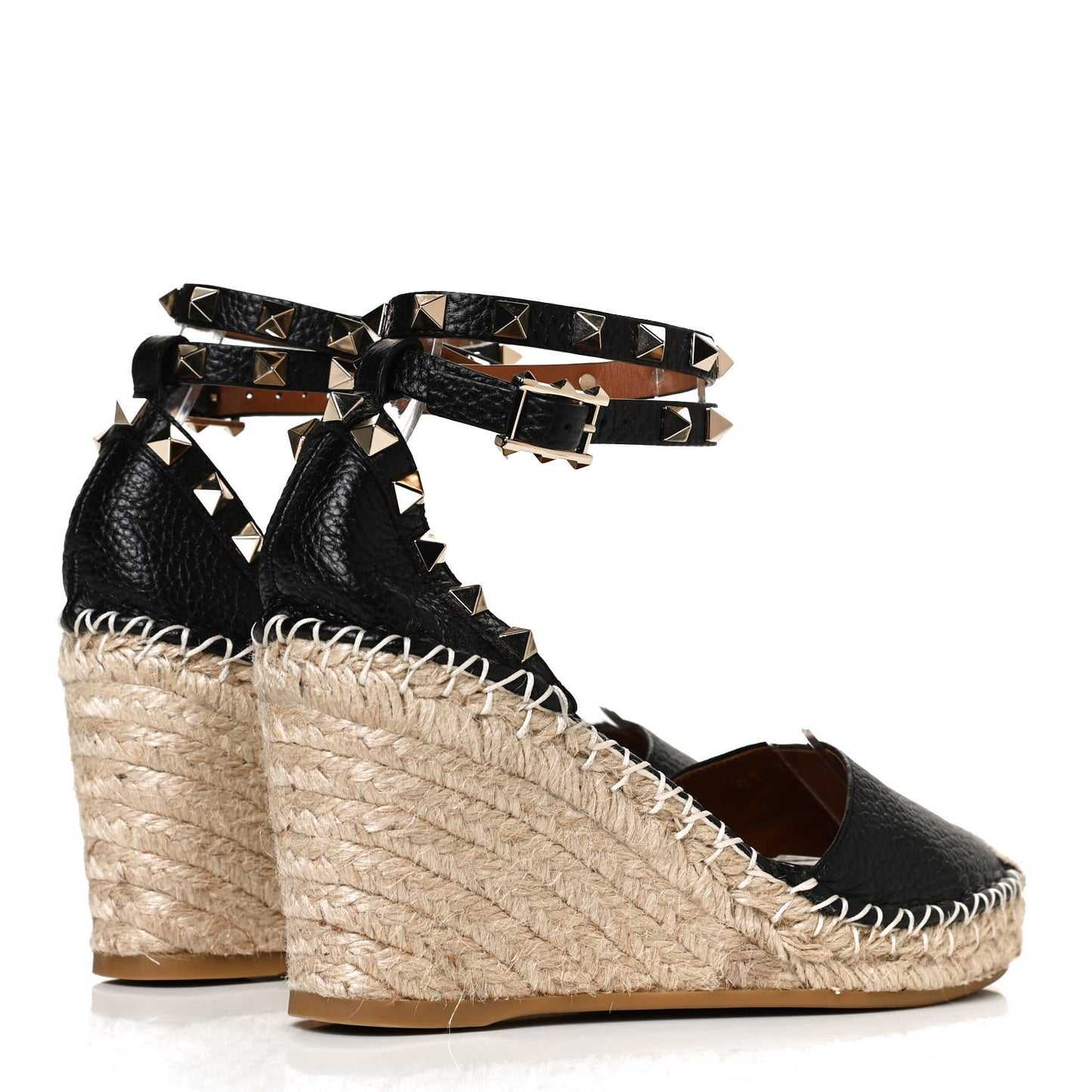 Grained Calfskin Rockstud Ankle Wrap Espadrille 15/85mm Wedges 35 Black Light Cuir