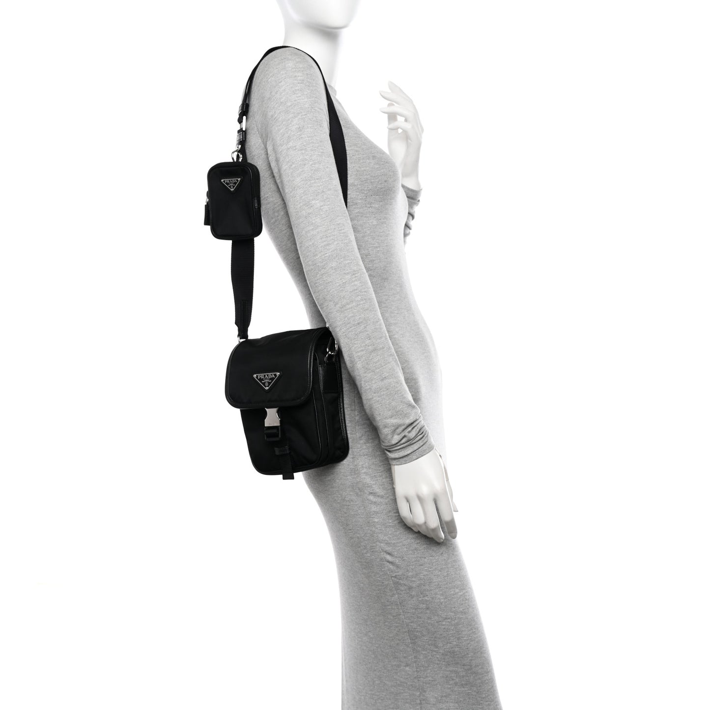 Re-Nylon Saffiano Mini Pocket Single Snap Buckle Messenger Bag Black