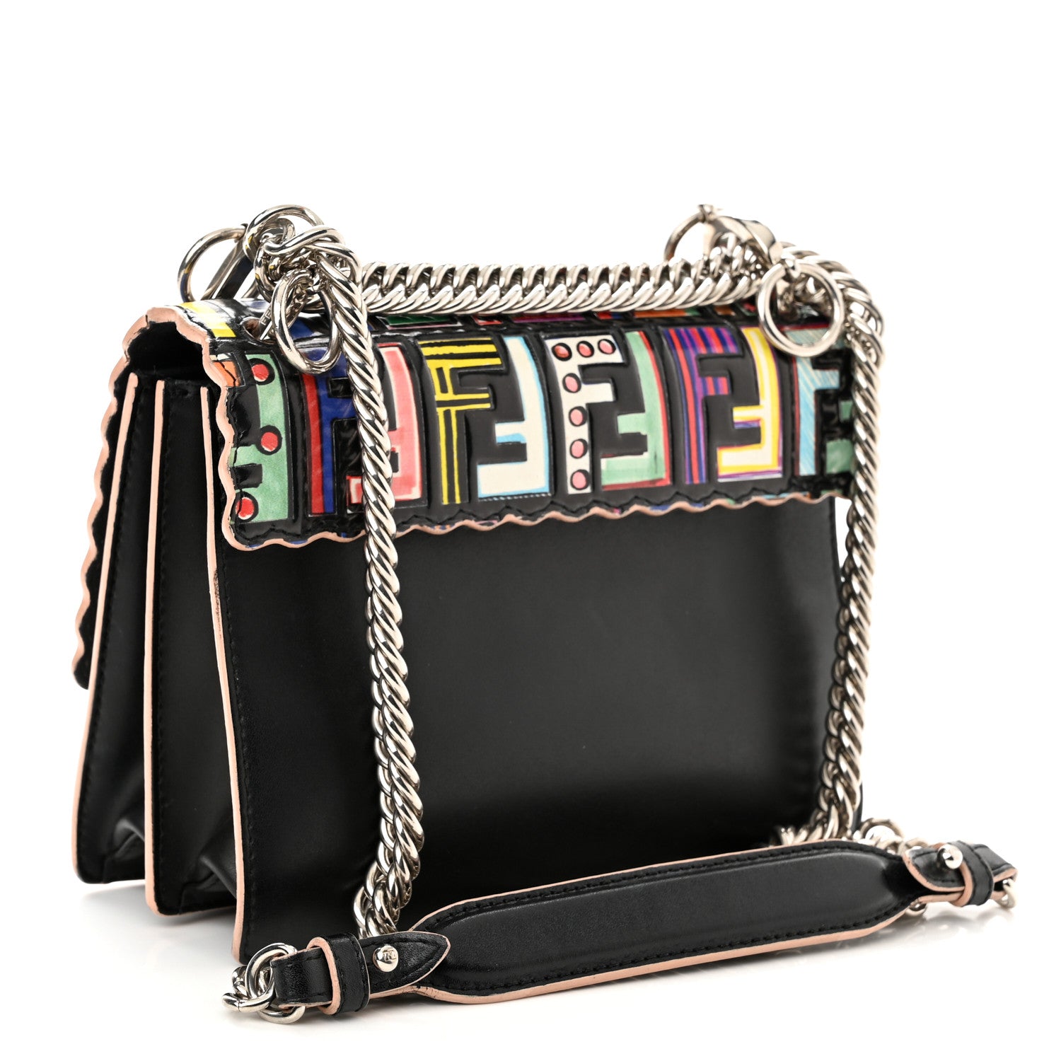 Fendi Vitello Liberty Fun Fair Embossed Scalloped Kan I Shoulder Bag Black Multicolor 3 of 12
