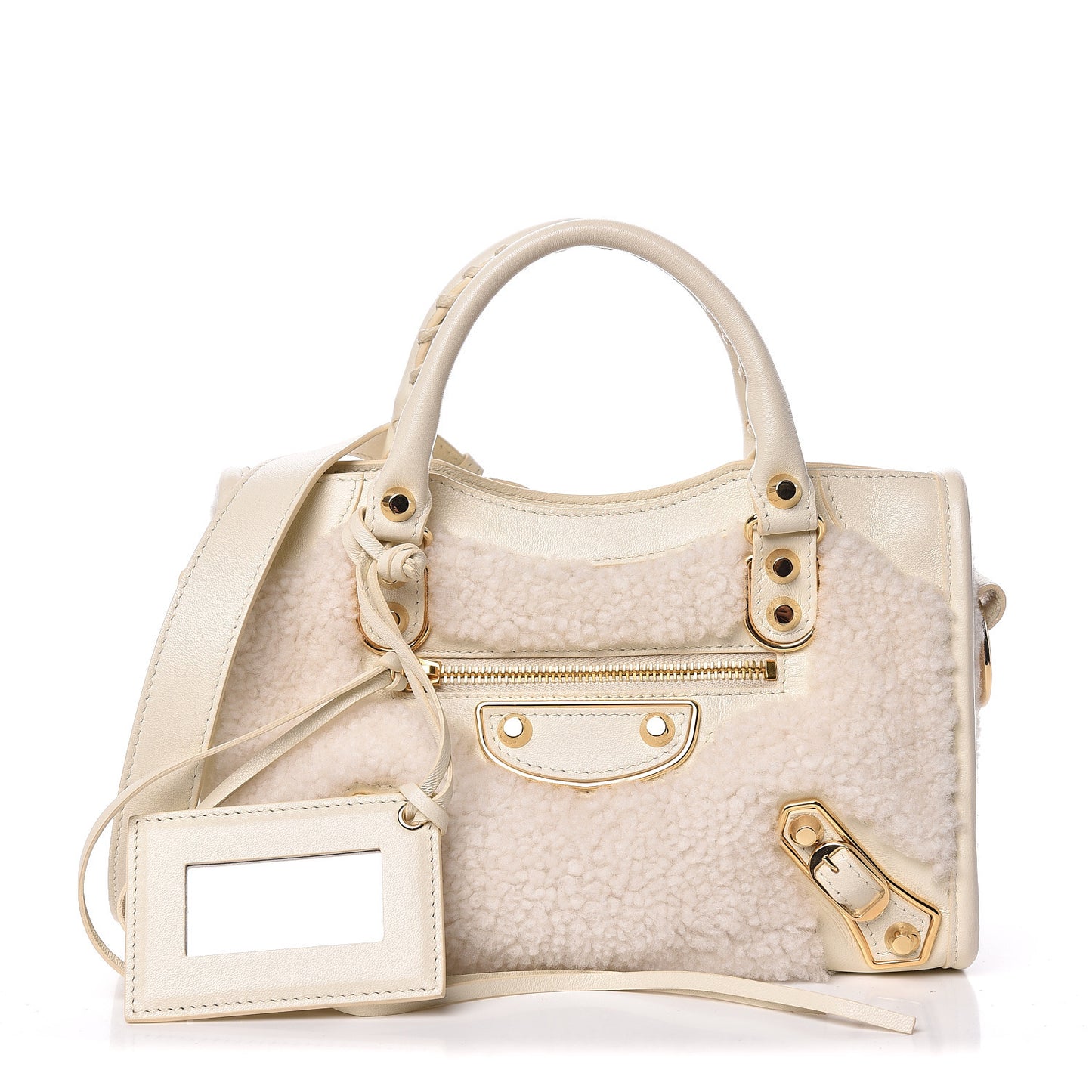Shearling Nappa Gold Metallic Edge Hardware Mini City Cream