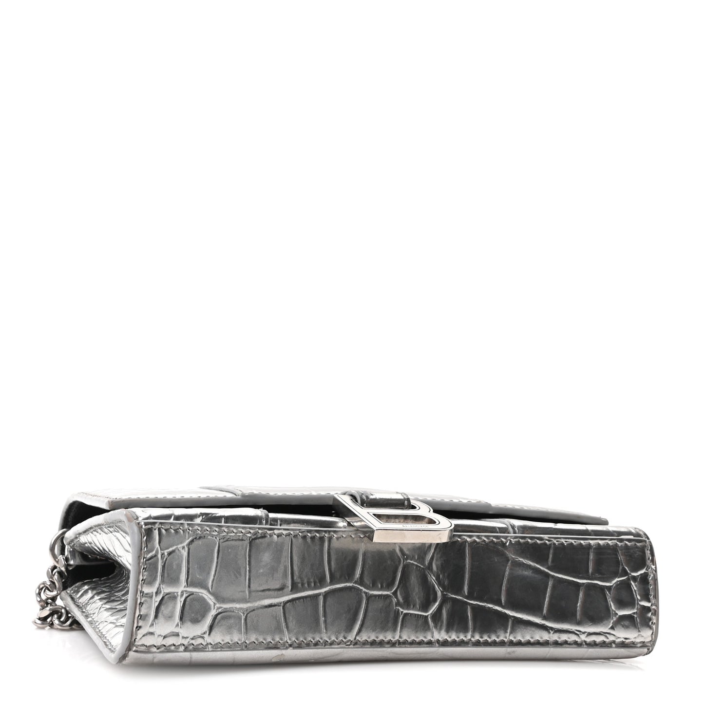 Metallic Calfskin Crocodile Embossed Hourglass Chain Bag Silver
