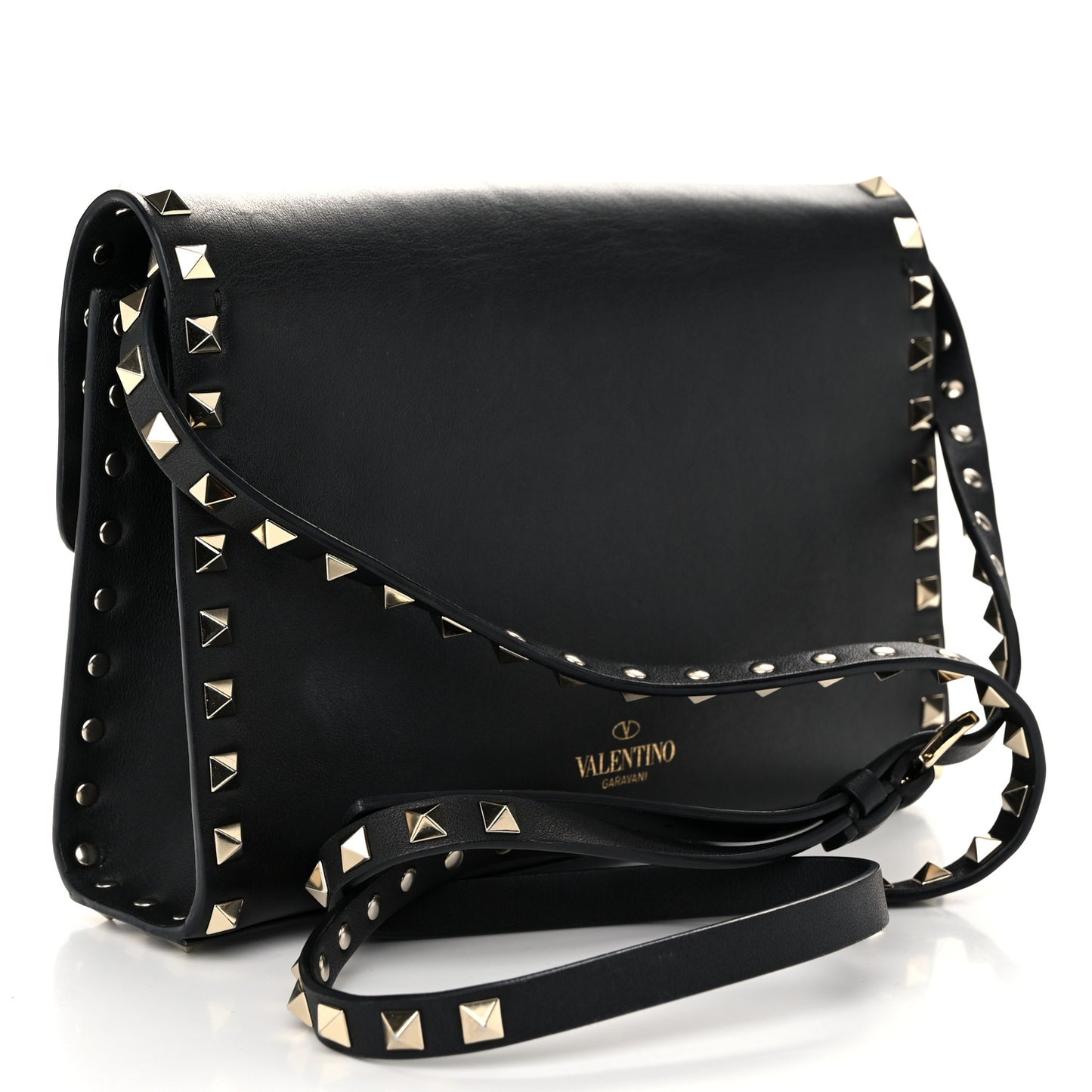 Vitello Medium Rockstud Flip Lock Crossbody Bag Black