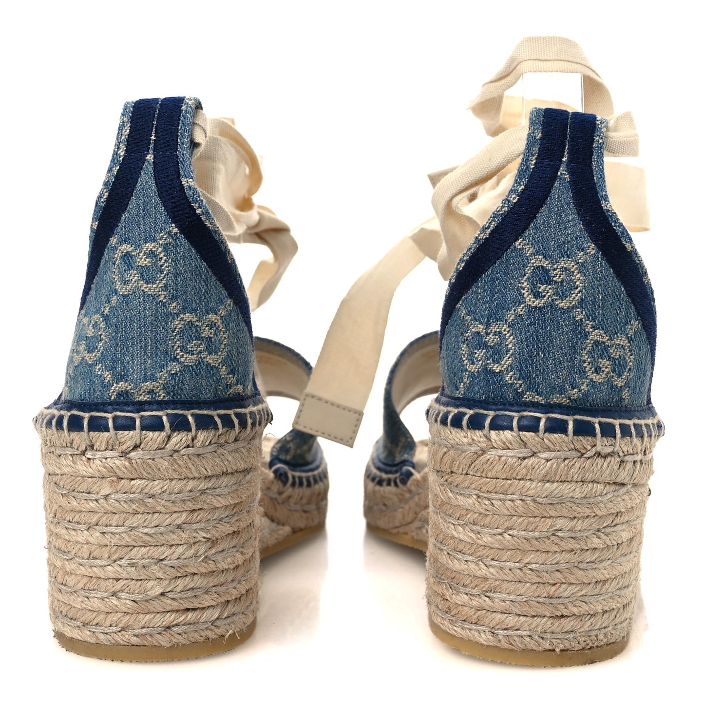 New Denim GG Monogram Pilar Ankle Wrap Espadrille Wedge Sandals 41 Light Blue