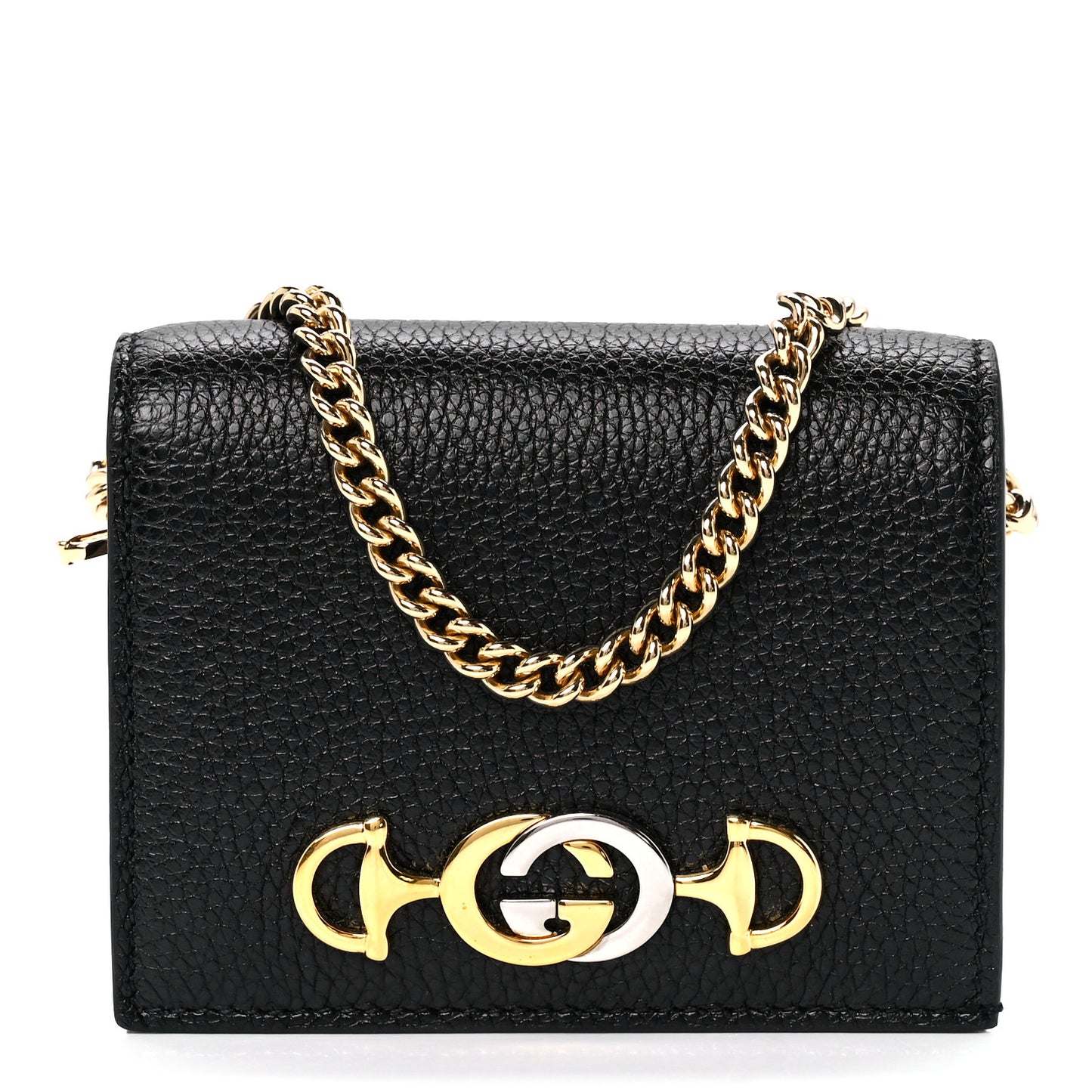 Grainy Calfskin Zumi Chain Card Case Wallet Black