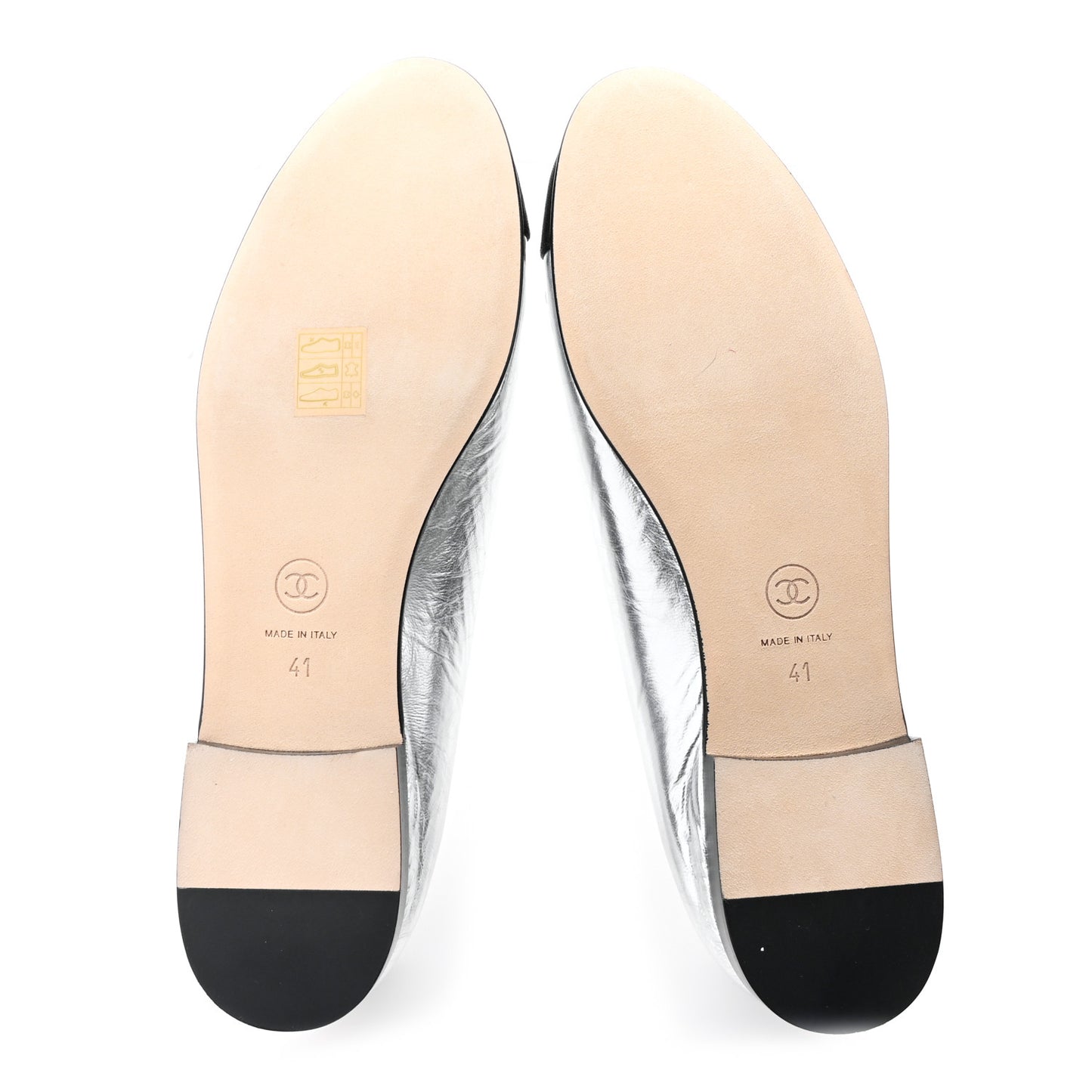 Laminated Crumpled Lambskin Grosgrain Cap Toe CC Ballerina Flats 41 Silver Black