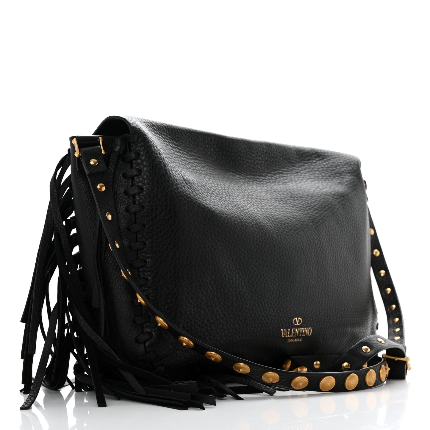 Grained Calfskin C Rockee Scarab Fringe Shoulder Bag Black