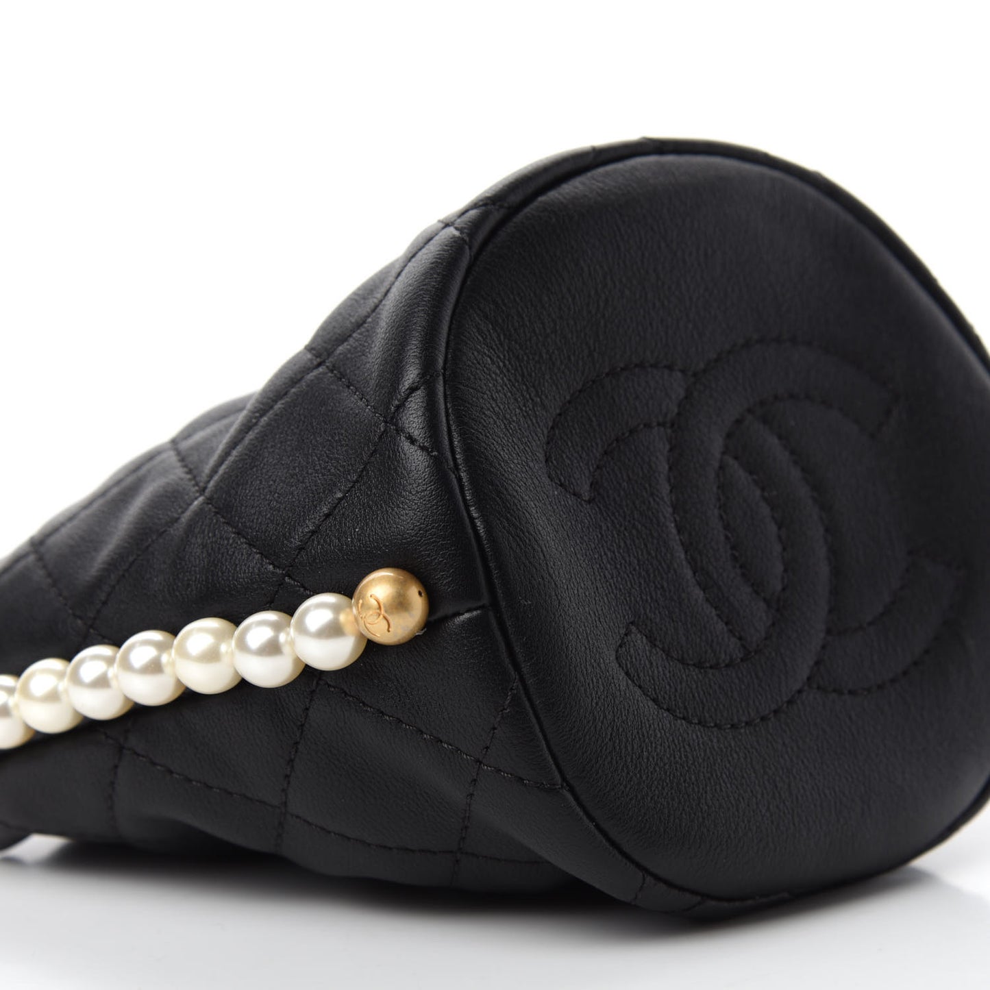 Calfskin Quilted Pearl Mini About Pearls Drawstring Bucket Bag Black