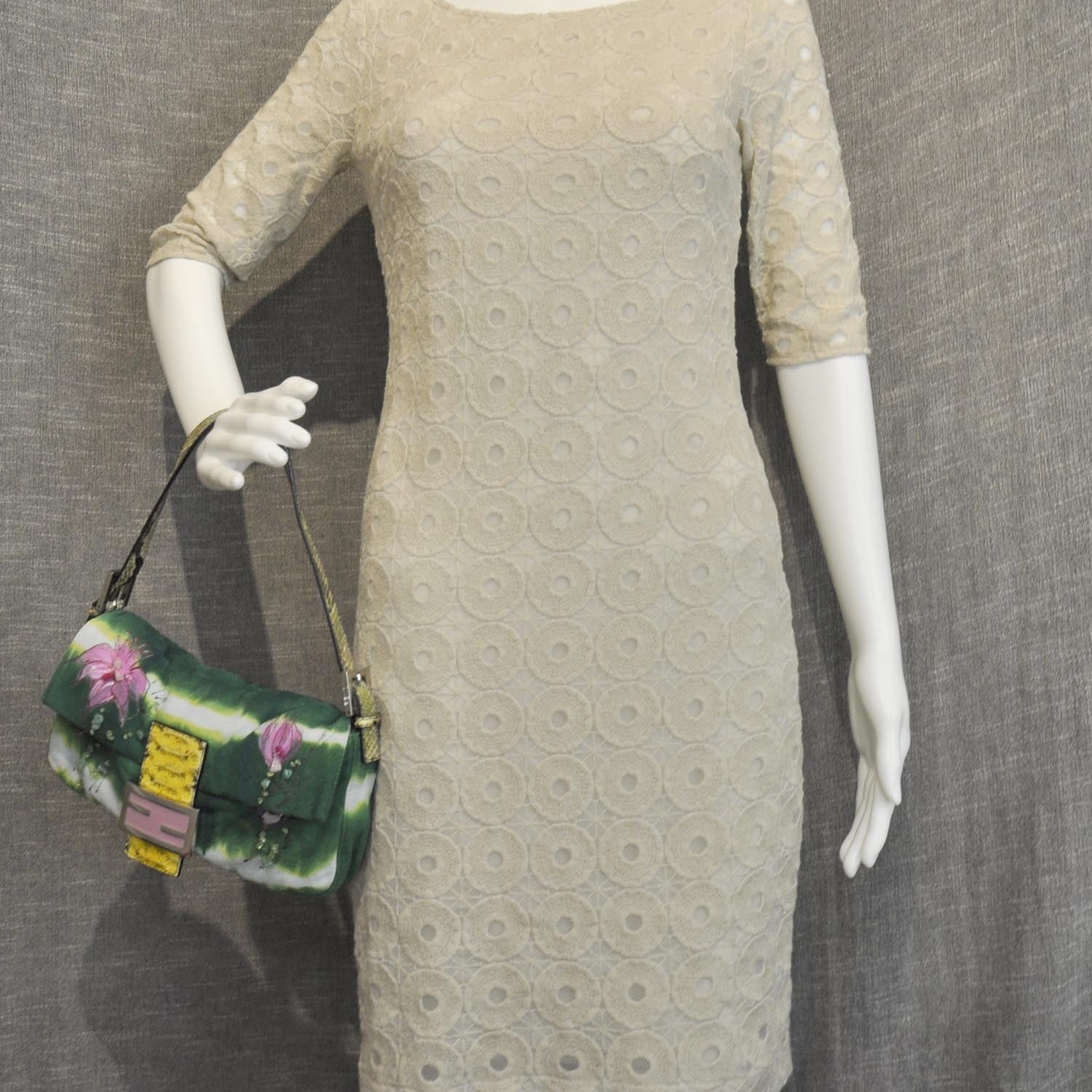 Fendi Suede Python Floral Baguette Green 2 of 10