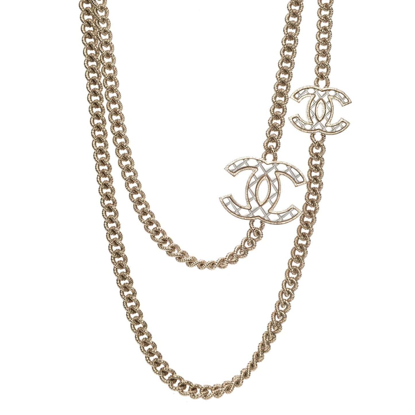 Quilted CC Long Chain Necklace Gold Pearly White
