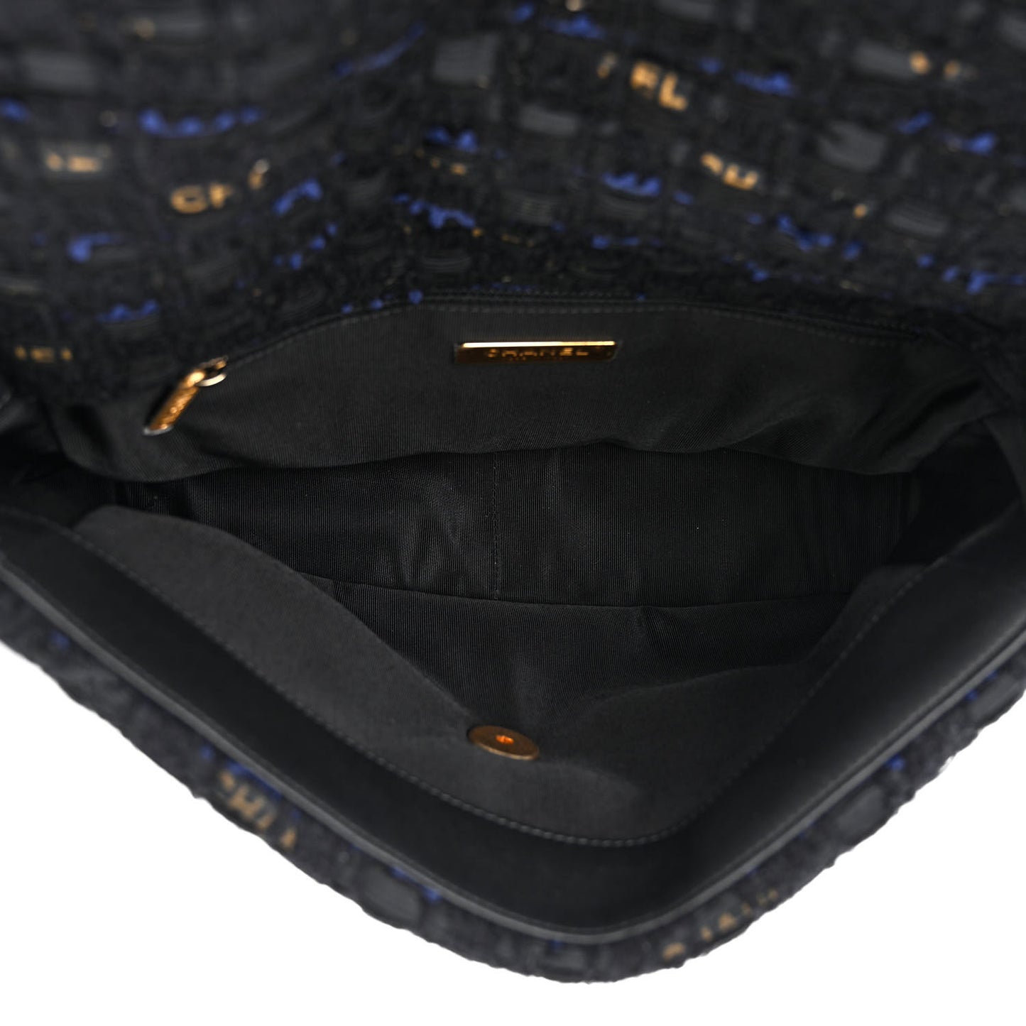 Tweed Quilted Large Chanel 19 Flap Black Navy Gold