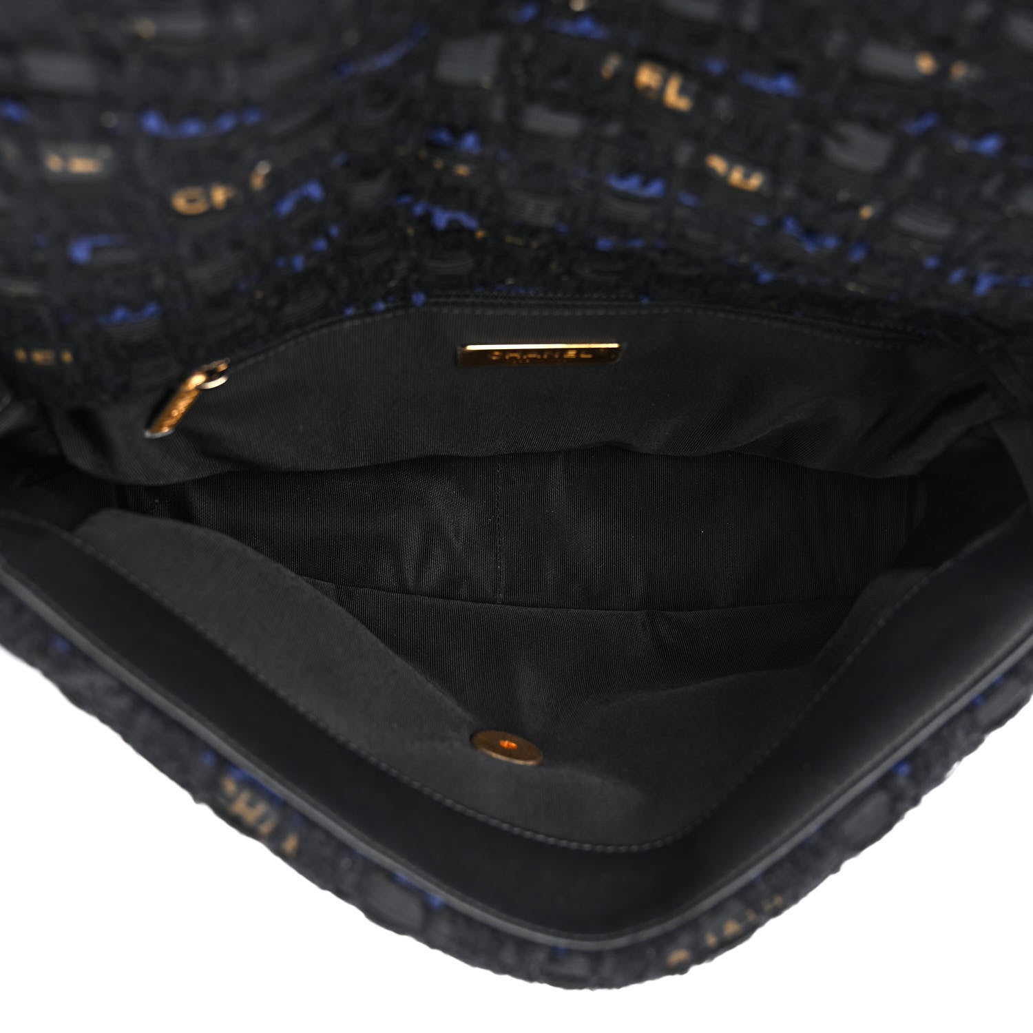 Chanel Tweed Quilted Large Chanel 19 Flap Black Navy Gold 5 of 10