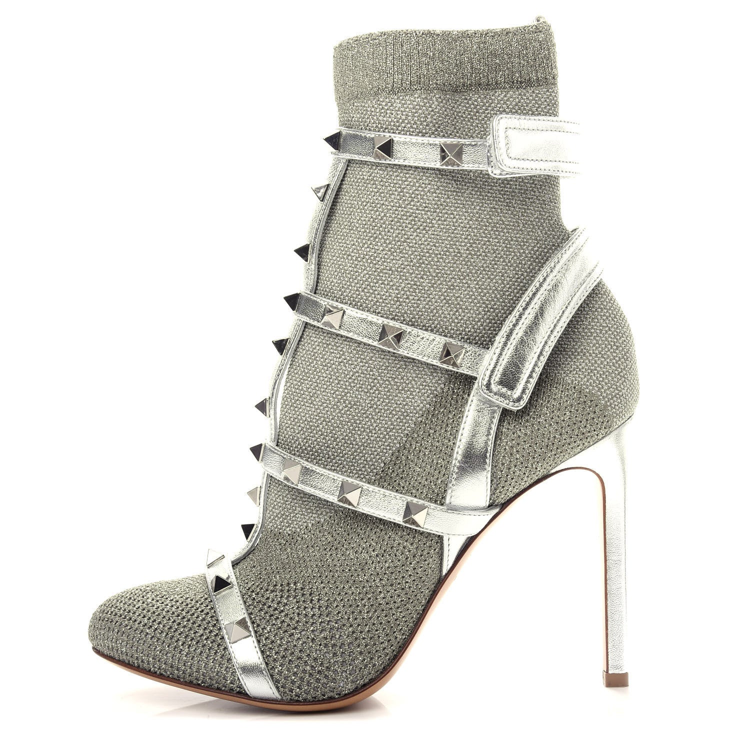 Valentino Garavani Metallic Nappa Knit Rockstud Bodytech Sock Booties 36.5 Silver 1 of 9