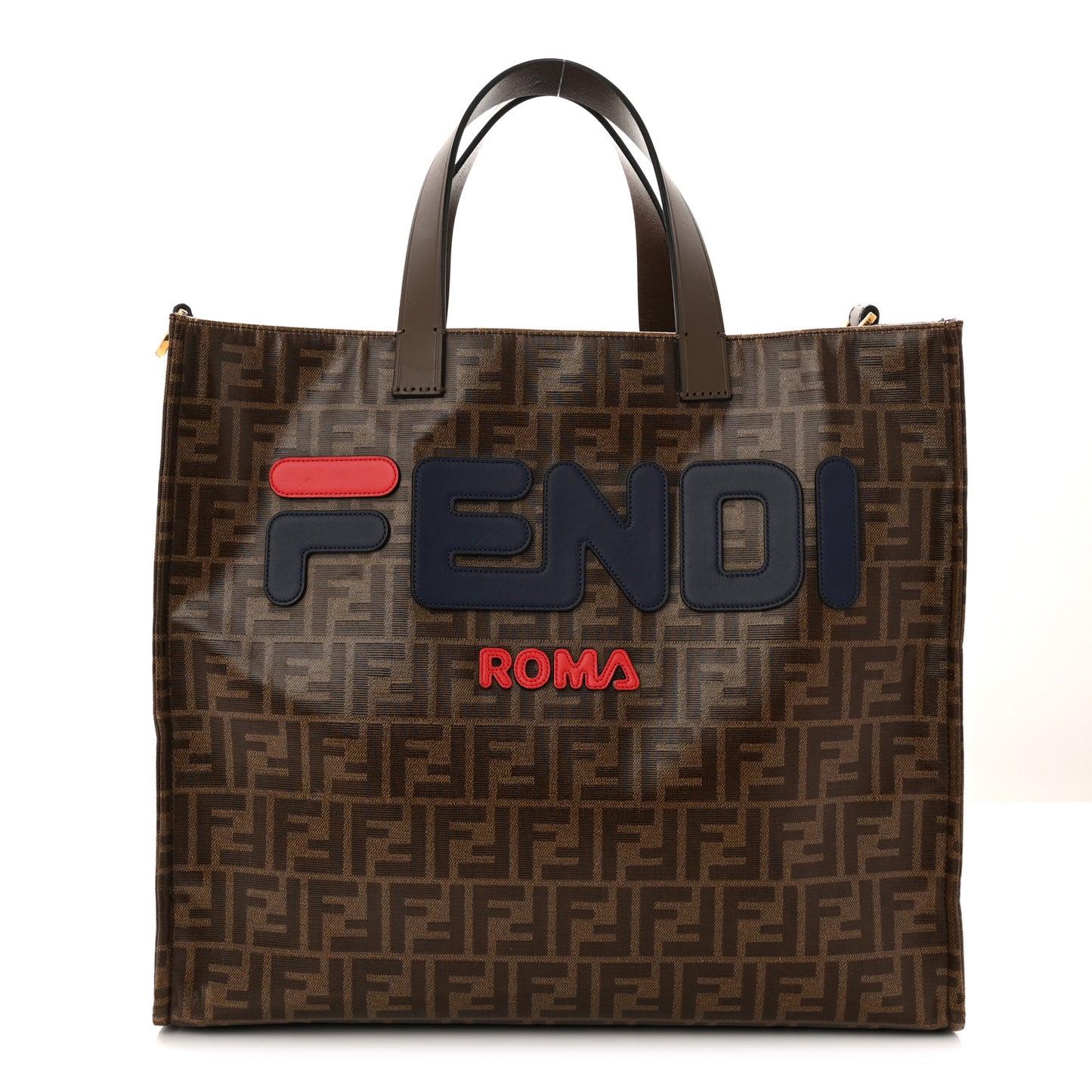 X FILA Glazed Fabric FF 1974 Mania Shopping Tote Bag Mogano Panna Blueberry