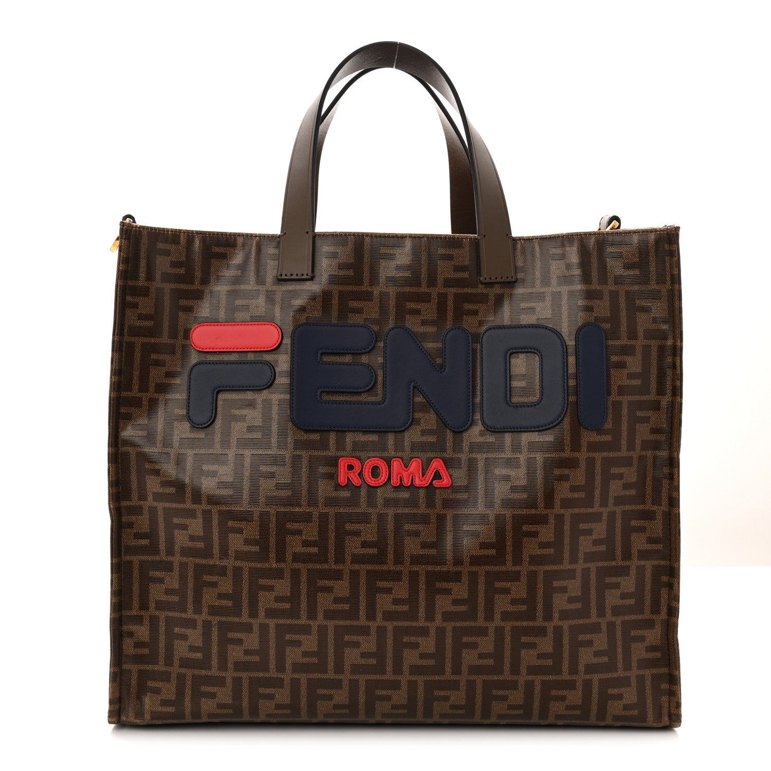 Fendi X FILA Glazed Fabric FF 1974 Mania Shopping Tote Bag Mogano Panna Blueberry 1 of 9