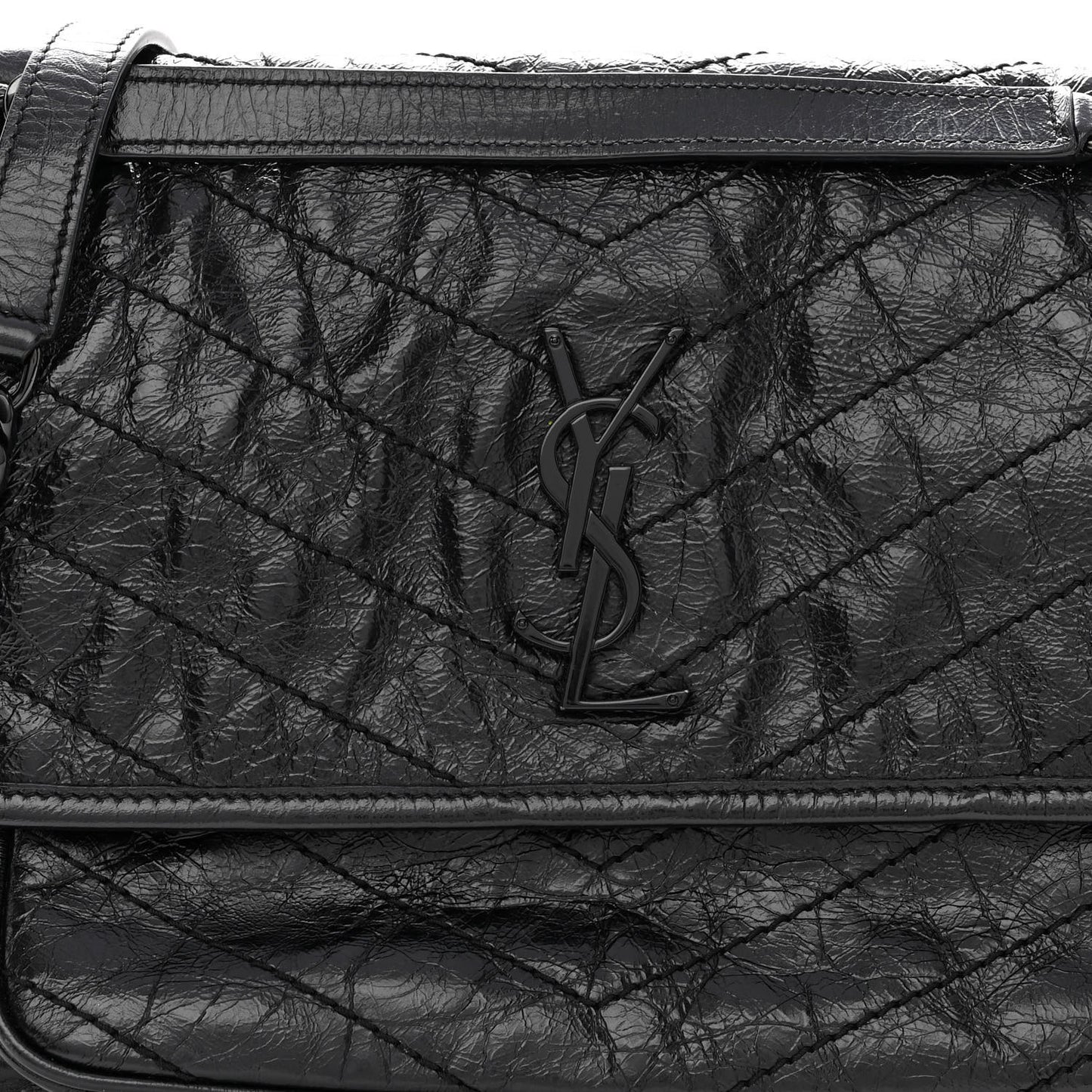 Crinkled Calfskin Matelasse Monogram Medium Niki Chain Satchel Black